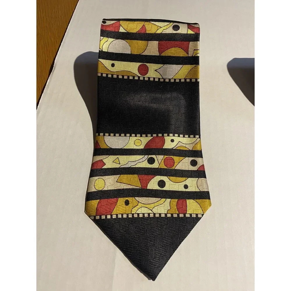Roberta Collection Men's 100% Silk Tie Yellow/Black/Red Abstract‎ Made In Italy